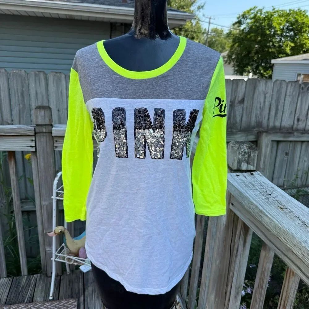 Victoria’s Secret PINK Sequin Logo Colorblock Long Sleeve Top XS